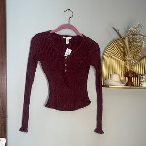 Full Tilt Ribbed Henley Long Sleeve Top - Burgundy